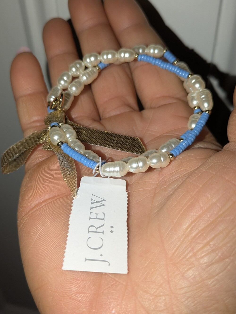 NWT J.Crew Freshwater Pearl & Blue Disc Beaded Bracelet Set / Stack